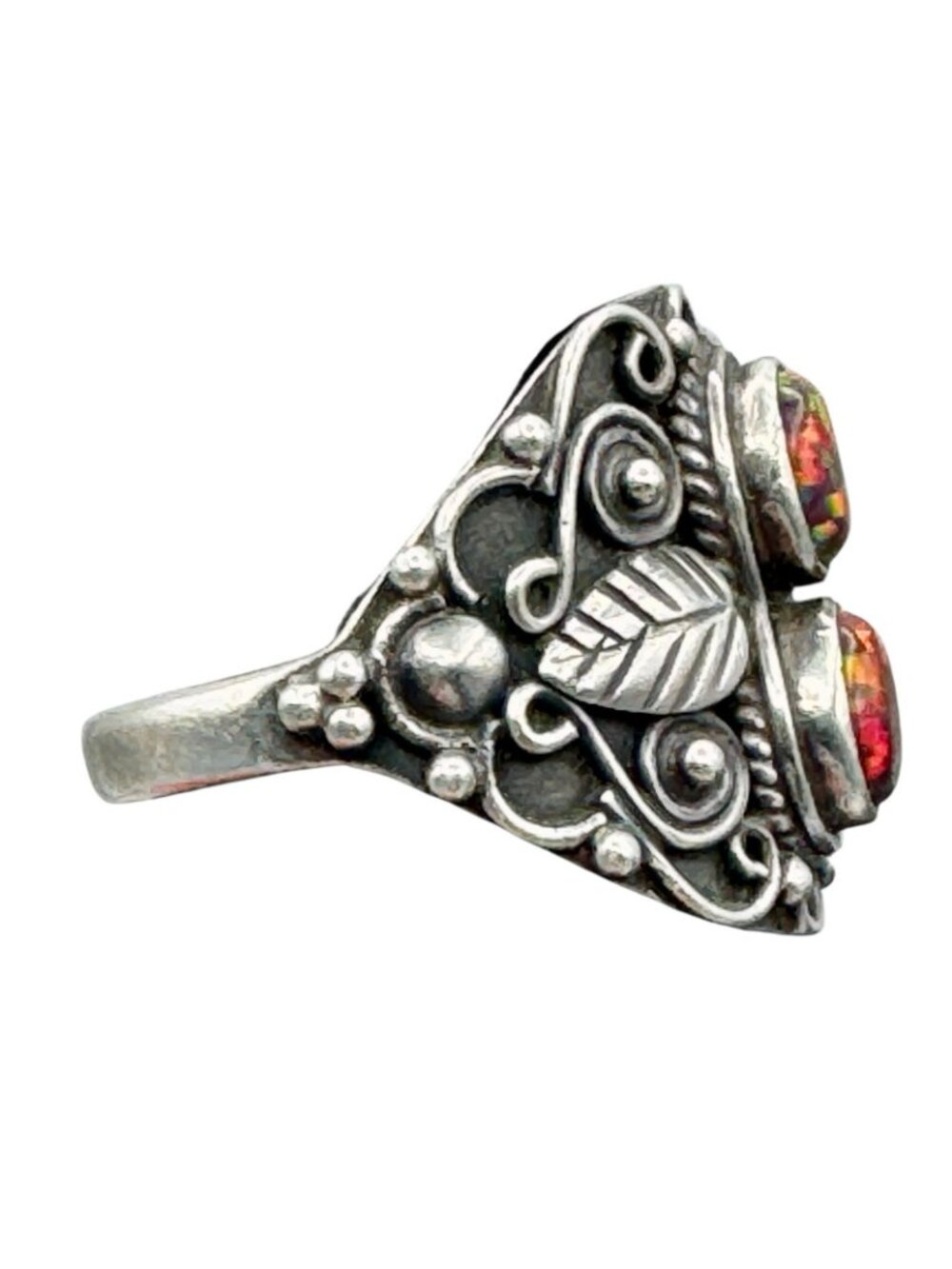 Vintage Sterling Silver Double Opal Ring Southwestern Ornate Setting Sz 8.25 - Picture 7 of 16